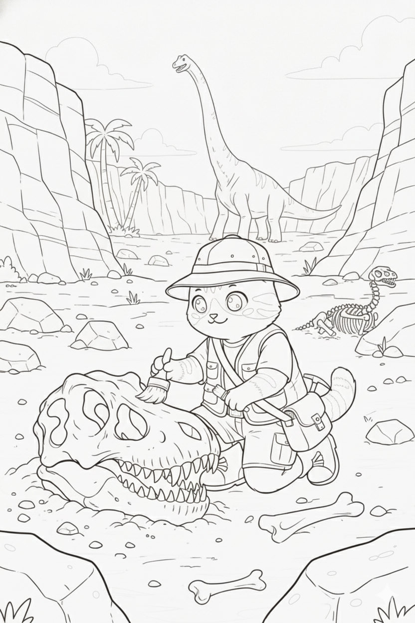 Nuggis descubriendo dinosaurios como un antropologista en un paisaje prehistórico