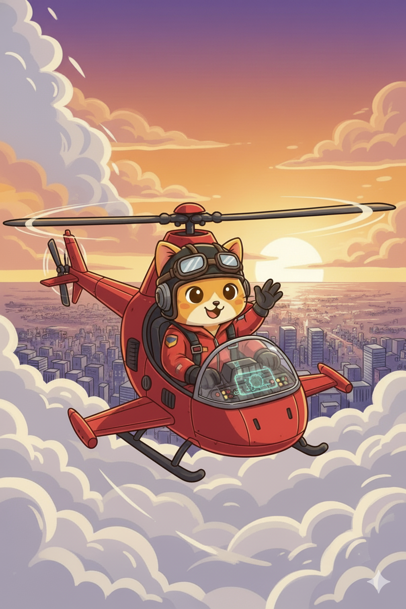 Nuggis en Helicóptero sobrevolando la ciudad