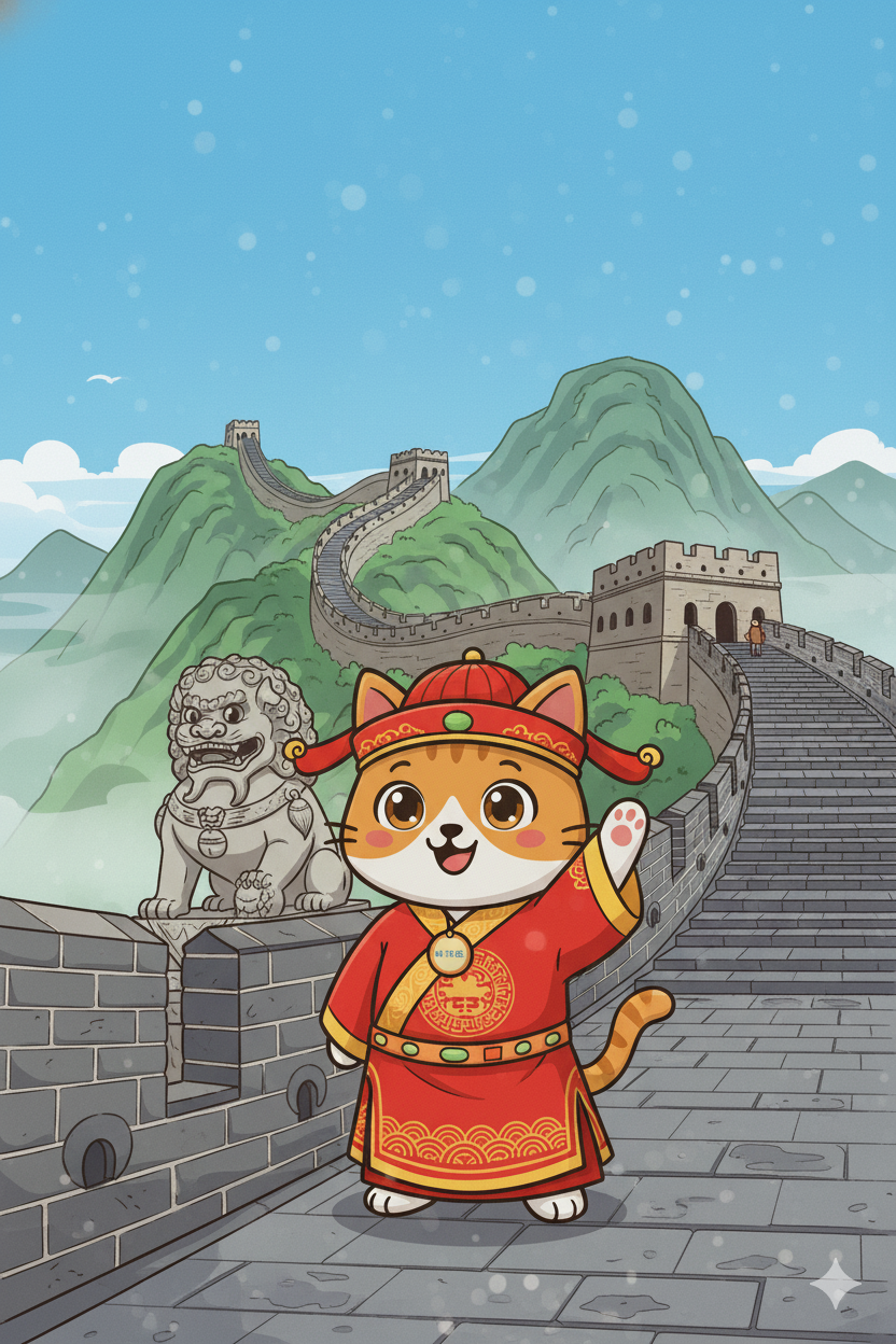 Nuggis en la Muralla China con elementos culturales y paisajes montañosos