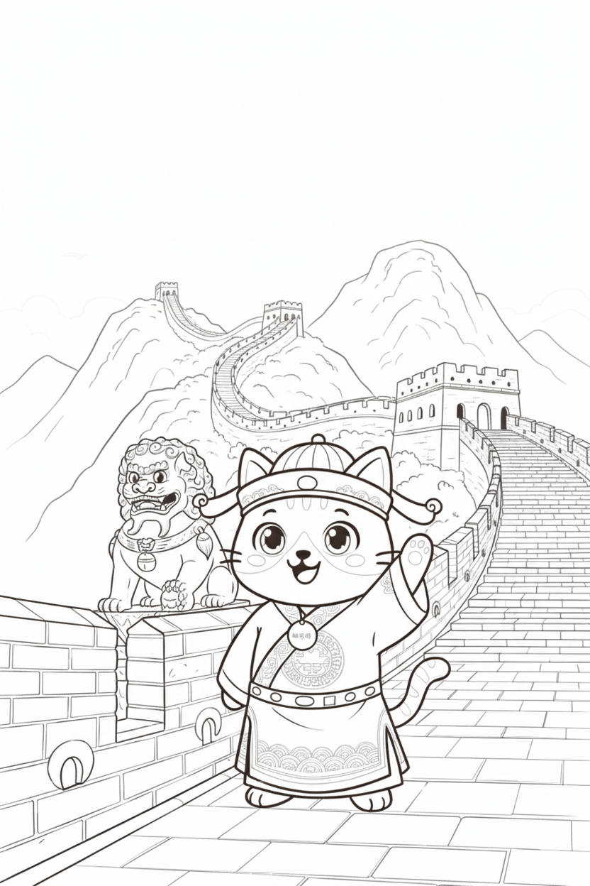 Nuggis en la Muralla China con elementos culturales y paisajes montañosos