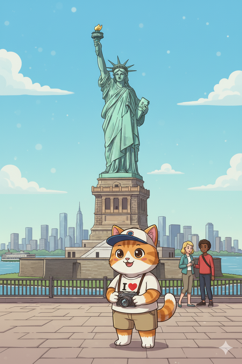 Nuggis en Nueva York con rascacielos y la Estatua de la Libertad