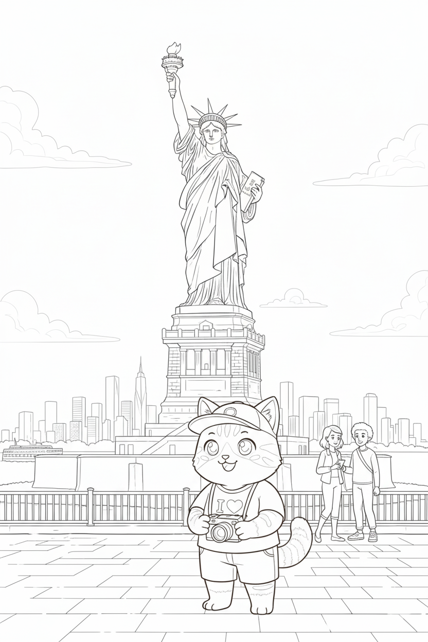 Nuggis en Nueva York con rascacielos y la Estatua de la Libertad
