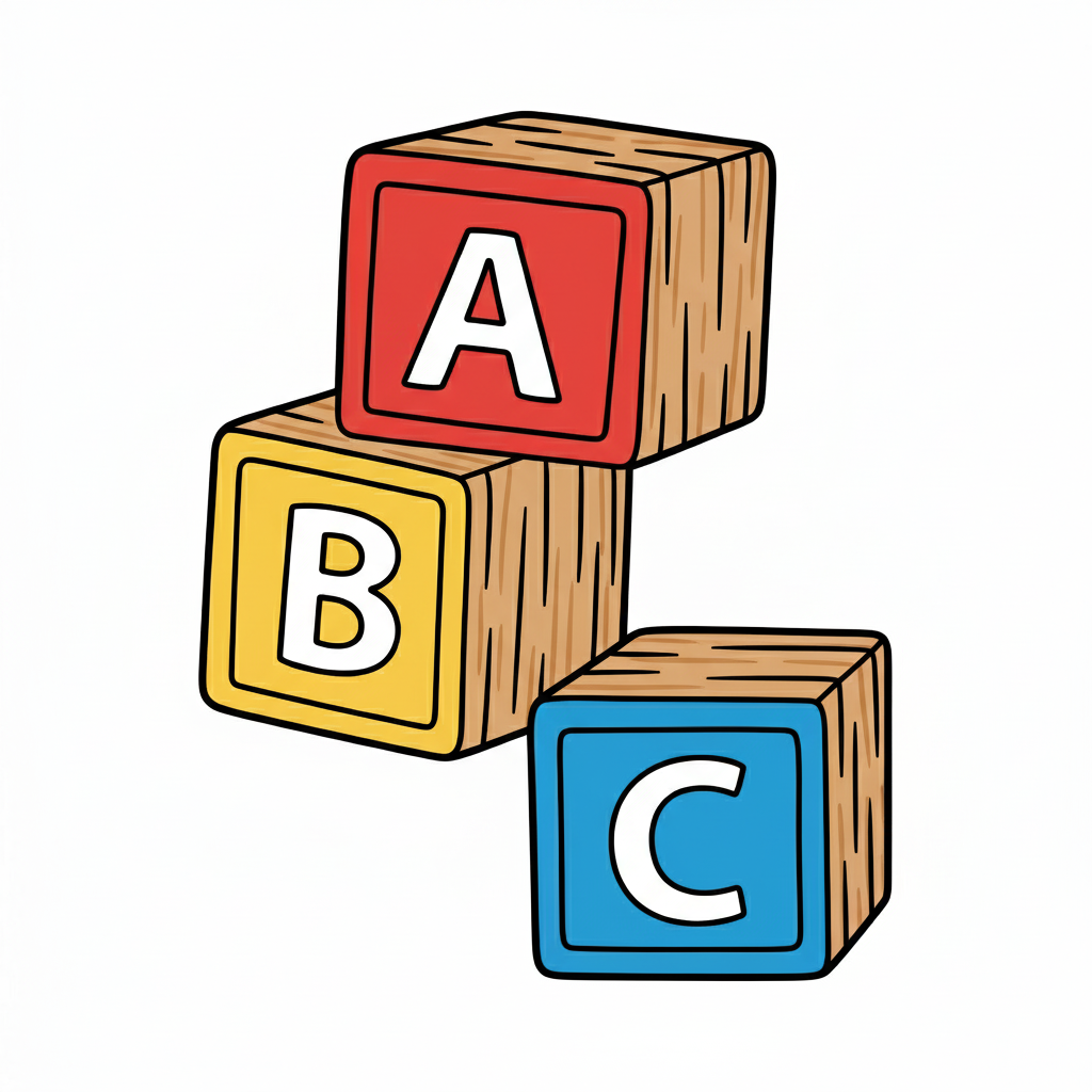 Bloques ABC coloreados con colores primarios y efecto de madera