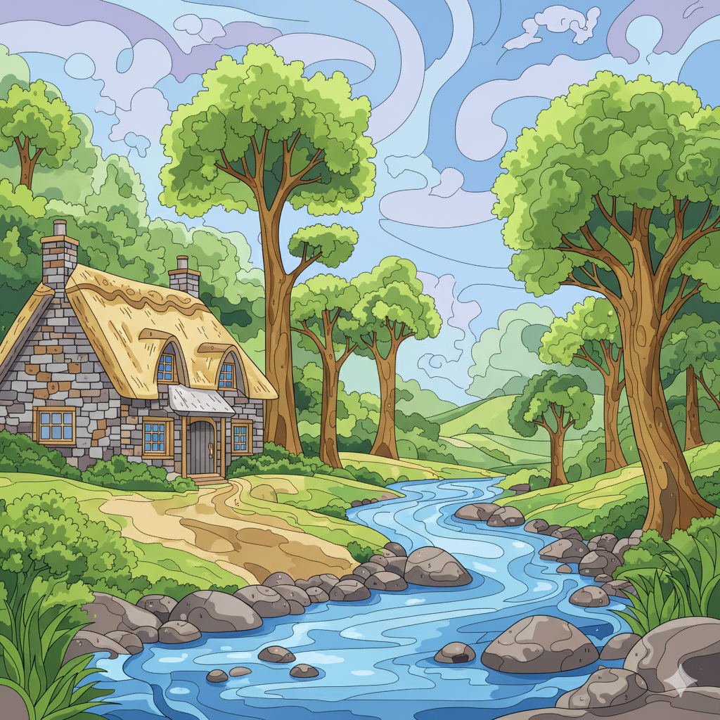 Paisaje coloreado con gran detalle según la guía de números