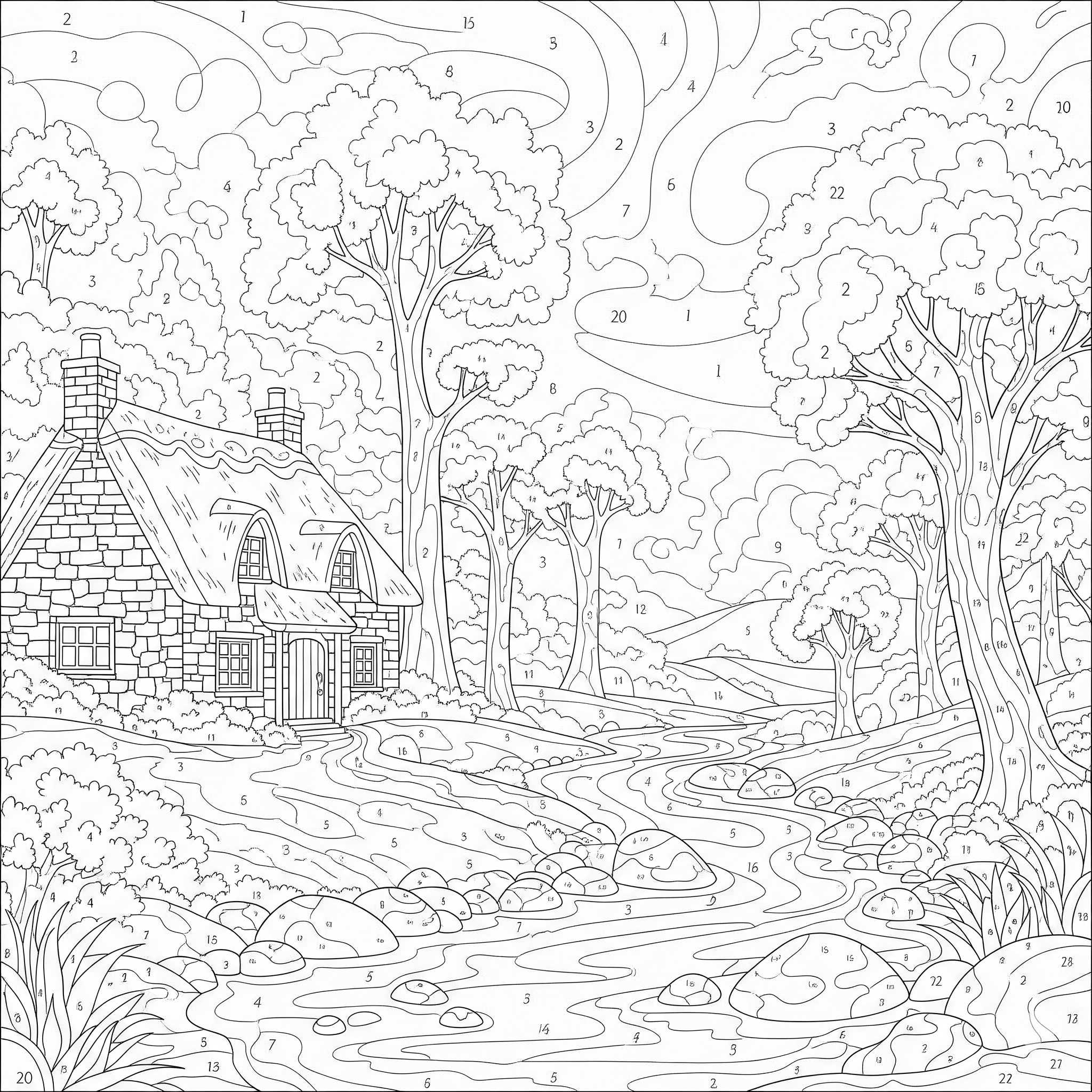 Paisaje con casa y árboles dividido en cientos de zonas numeradas