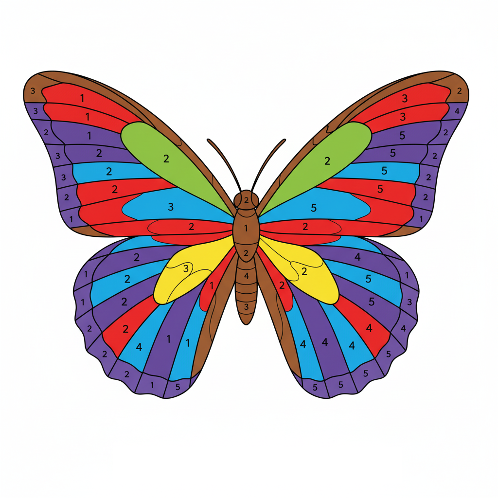 Mariposa coloreada según la guía de números, con colores vibrantes