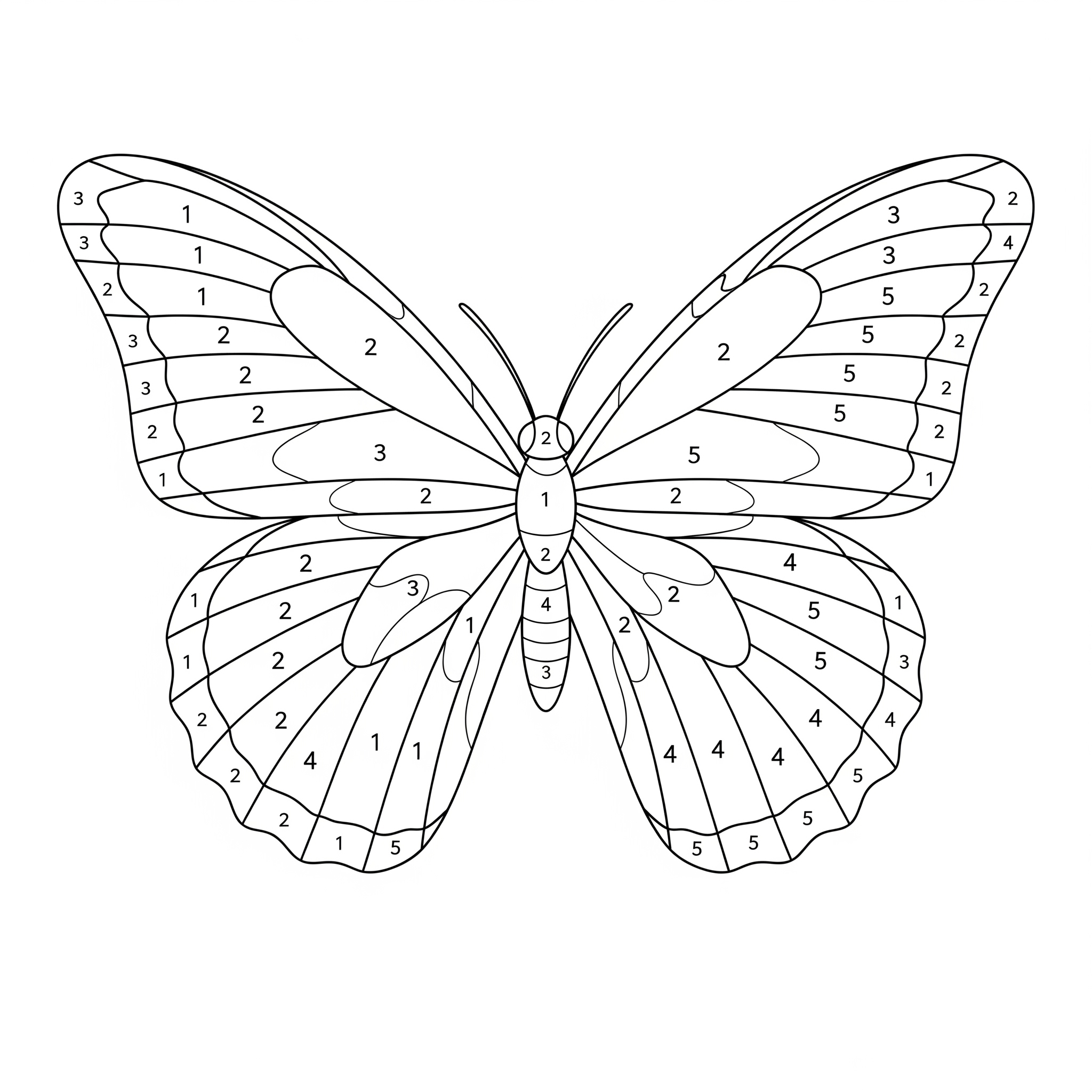 Mariposa dividida en zonas con números y una leyenda de colores