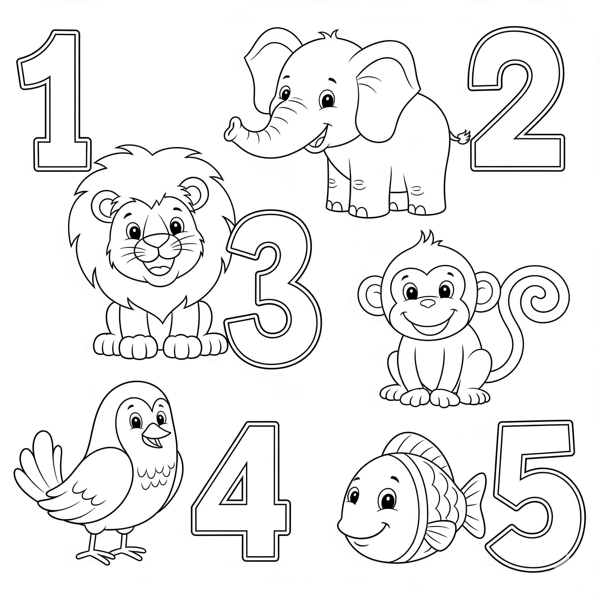 Cinco animales diferentes con números grandes al lado para colorear
