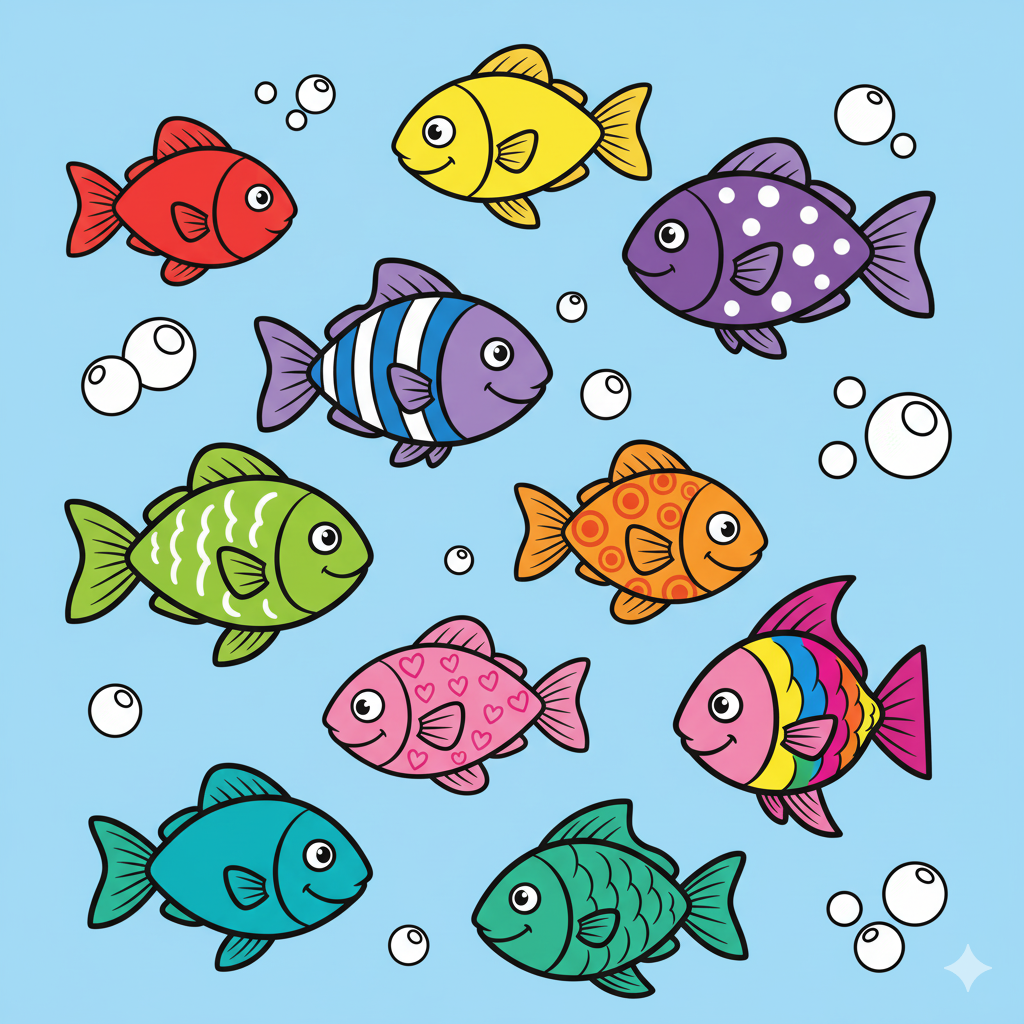 Diez peces coloreados con una variedad de colores brillantes