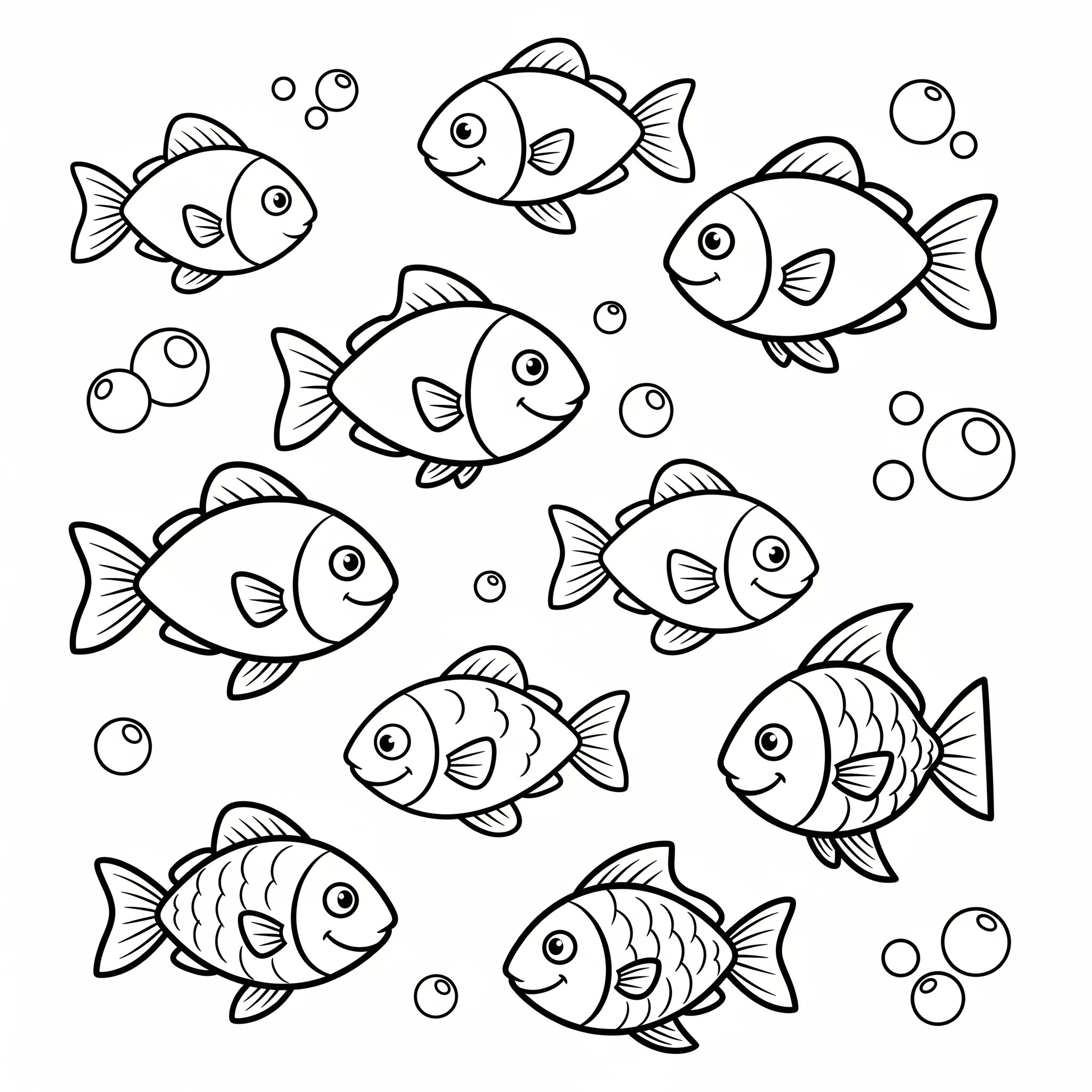 Diez peces de caricatura de diferentes tamaños nadando