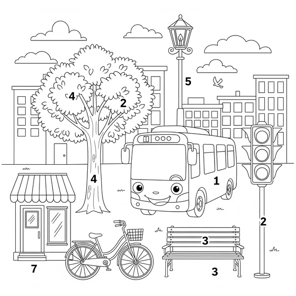 Cityscape with seven items (bus, traffic light, bench, tree, streetlight, bicycle, store), each with a big number beside it
