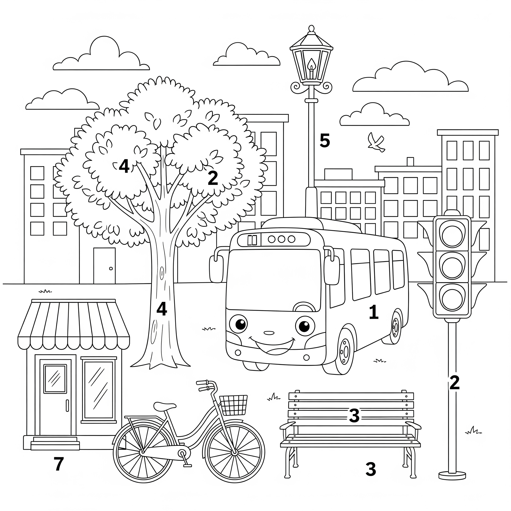Paisaje urbano con siete elementos (autobús, semáforo, banco, árbol, farola, bicicleta, tienda) cada uno con un número grande al lado