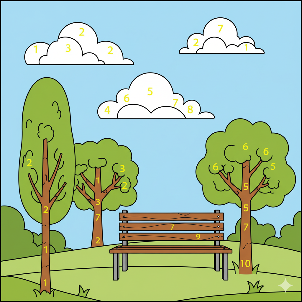 Parque coloreado con los números ocultos resaltados en un color brillante