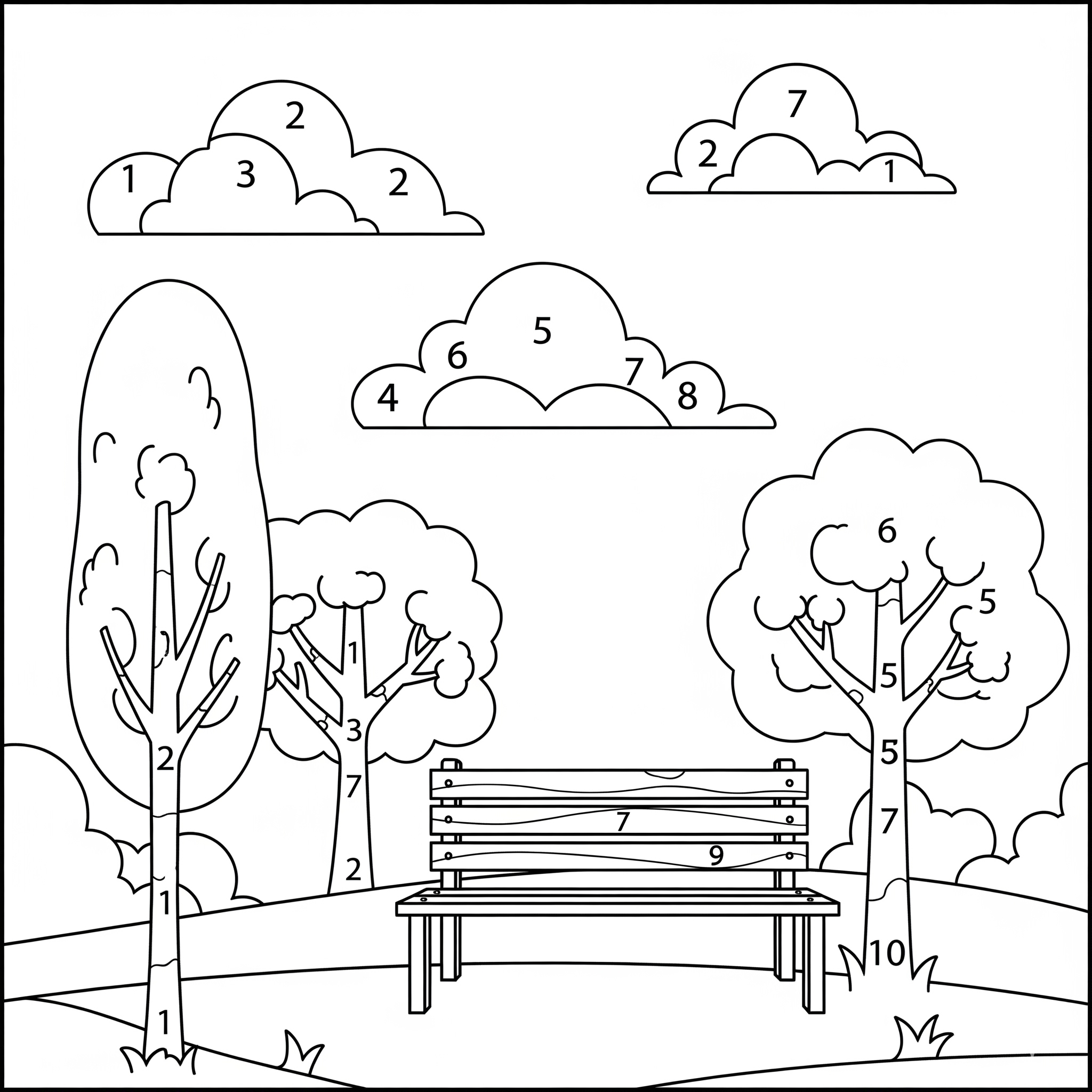 Dibujo de un parque con números del 1 al 10 ocultos en los árboles y nubes