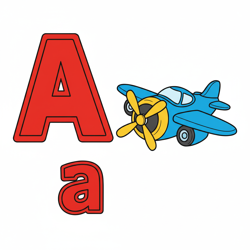 Letra 'A' coloreada en rojo y un avión azul