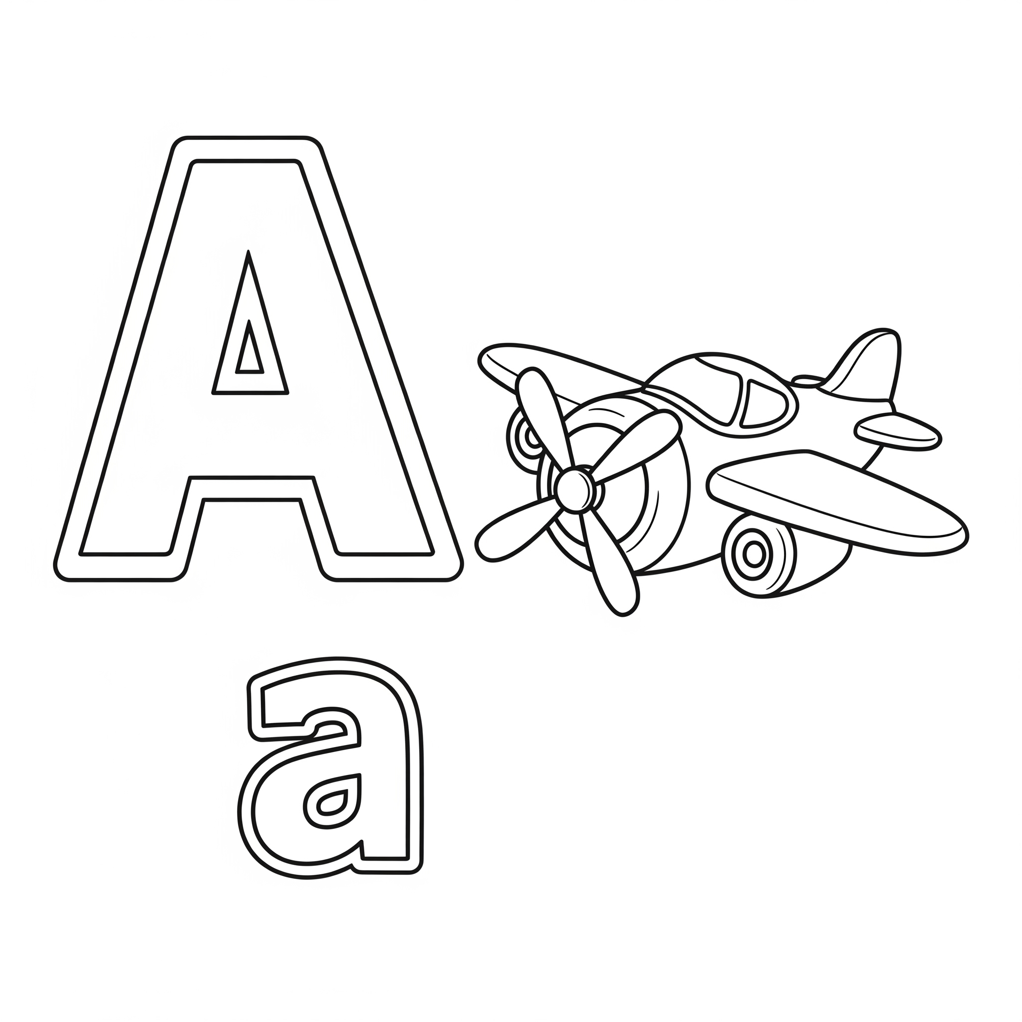 Letra 'A' mayúscula y minúscula junto a un avión de caricatura