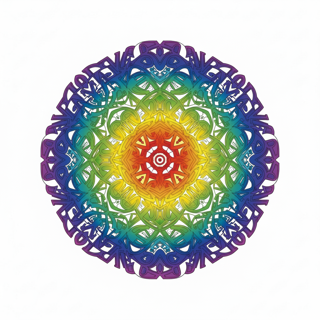 Mandala del alfabeto coloreado con un degradado de colores del arcoíris