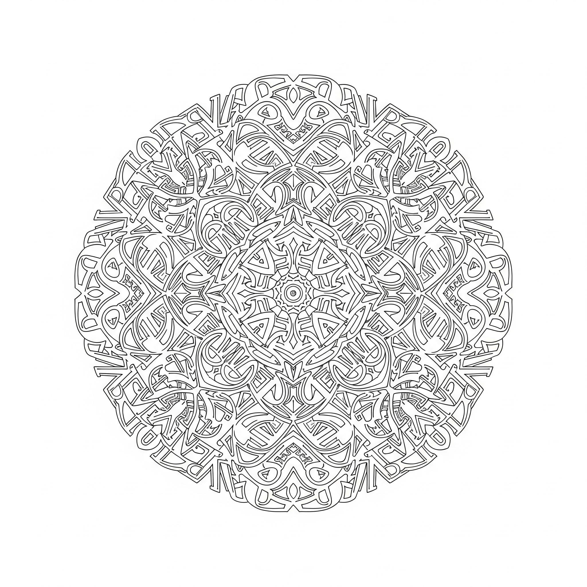 Mandala circular y simétrico hecho con letras del abecedario