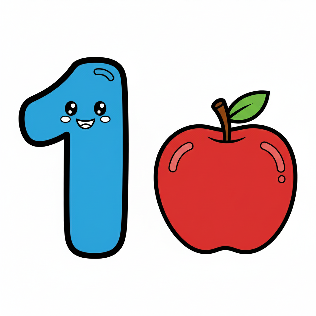 Número 1 coloreado en azul y una manzana roja brillante