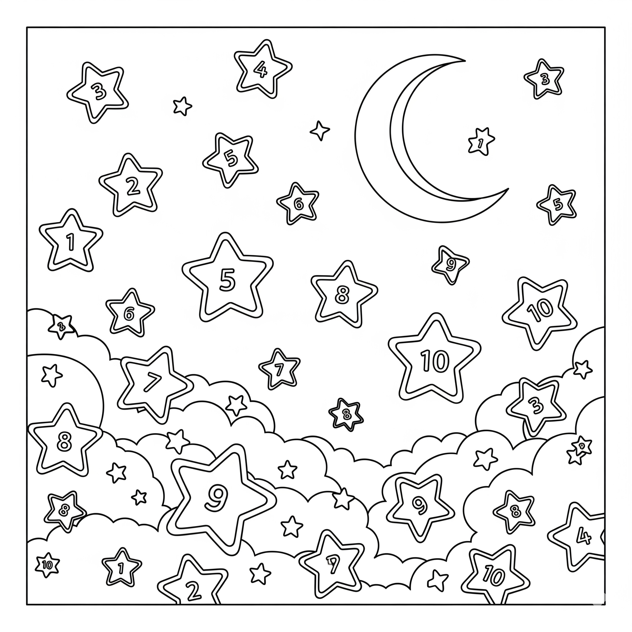 Cielo nocturno con varias estrellas grandes y pequeñas, cada una con un número