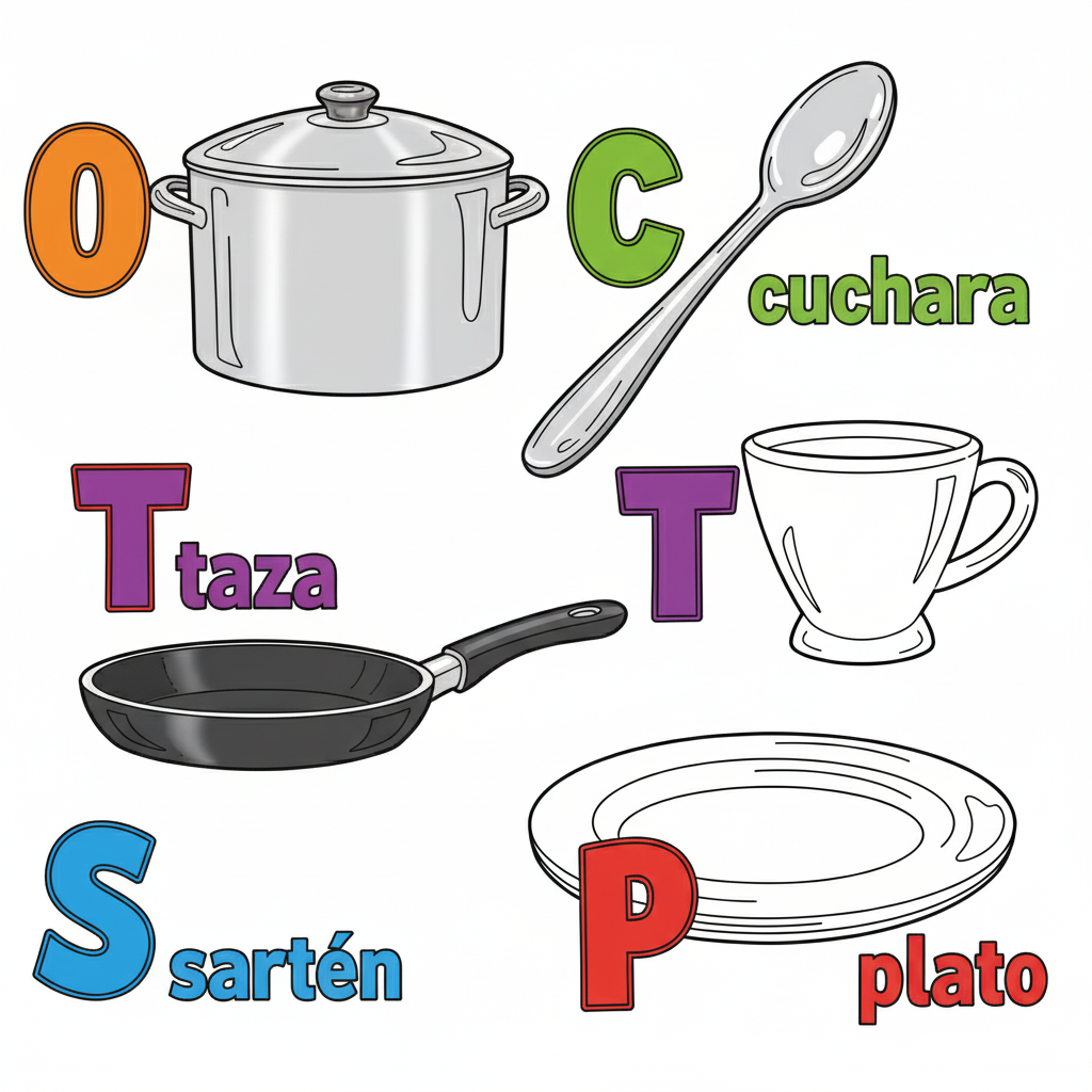 Objetos de cocina coloreados con letras iniciales resaltadas