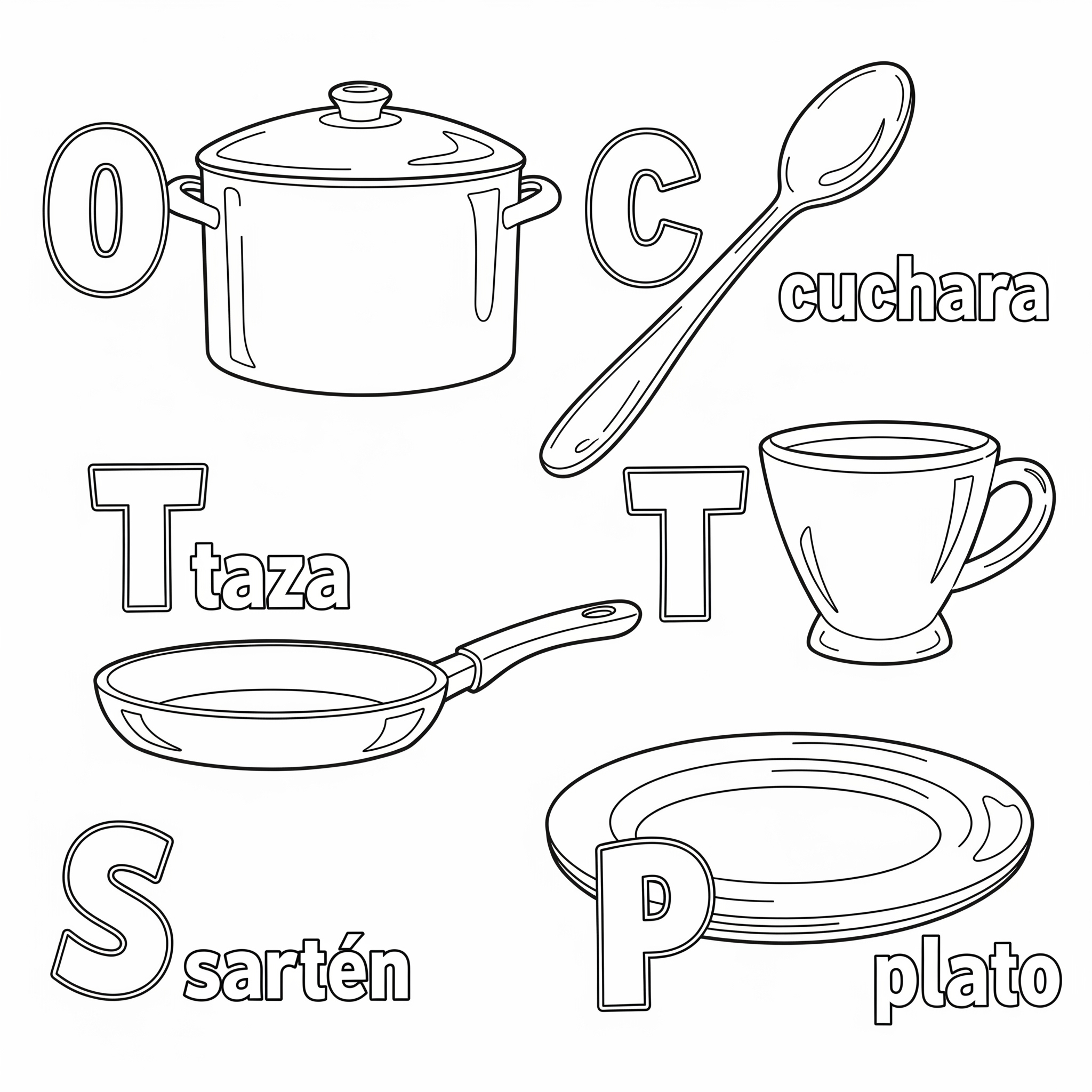 Cinco objetos de cocina (olla, cuchara, taza, sartén, plato) cada uno con su letra inicial en español