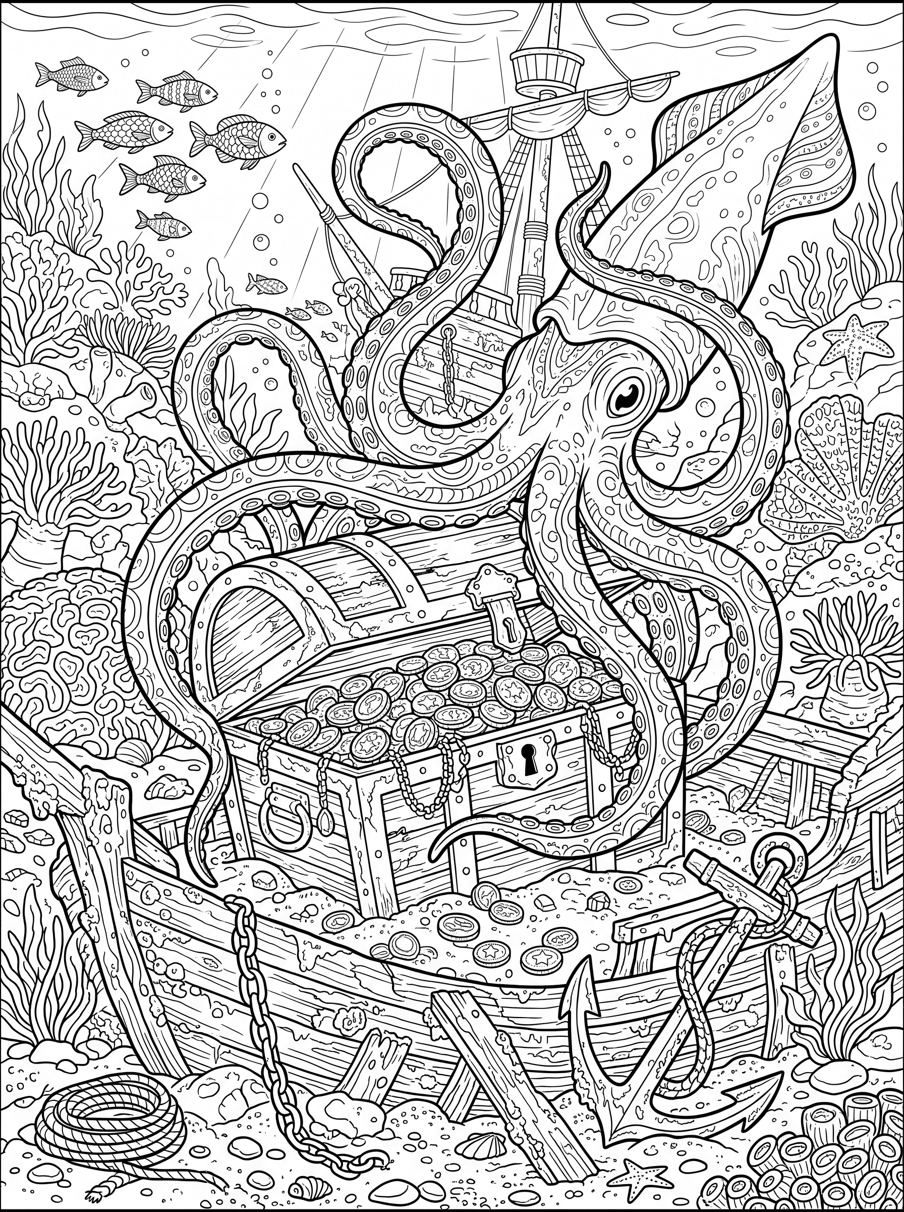 Giant Squid and Sunken Treasure coloring page