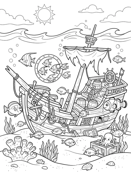 Shipwreck with Fish coloring page