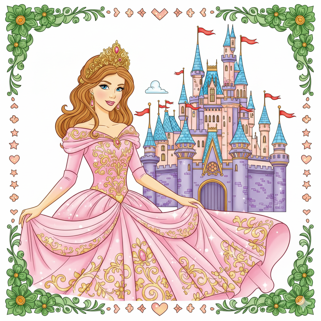 Princesa coloreada con vestido rosa y detalles dorados