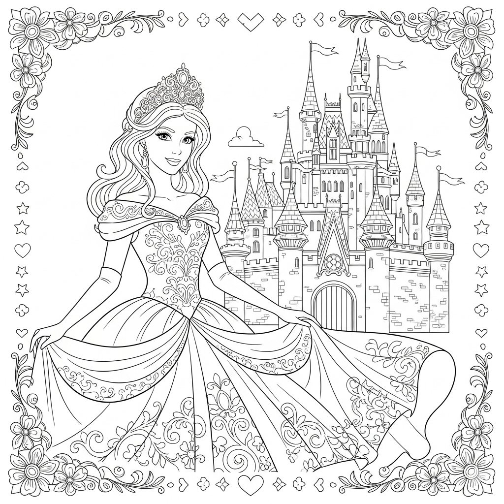 Princesa del castillo sin colorear - diseño elegante con detalles finos