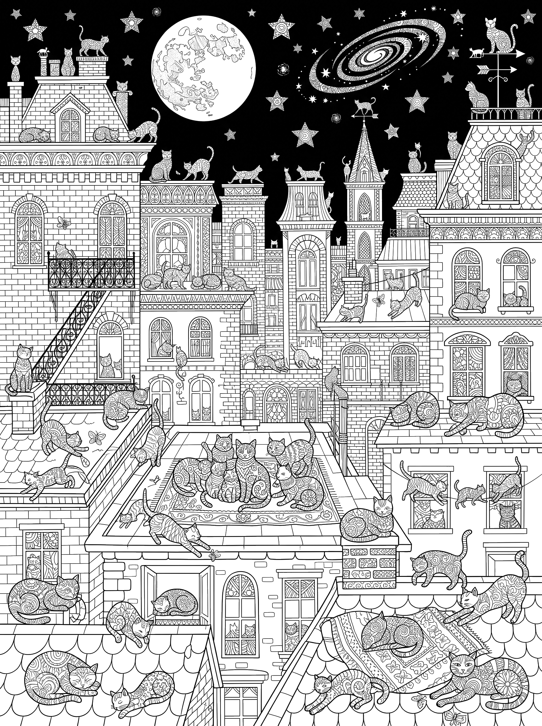 Cats on the Rooftops coloring page