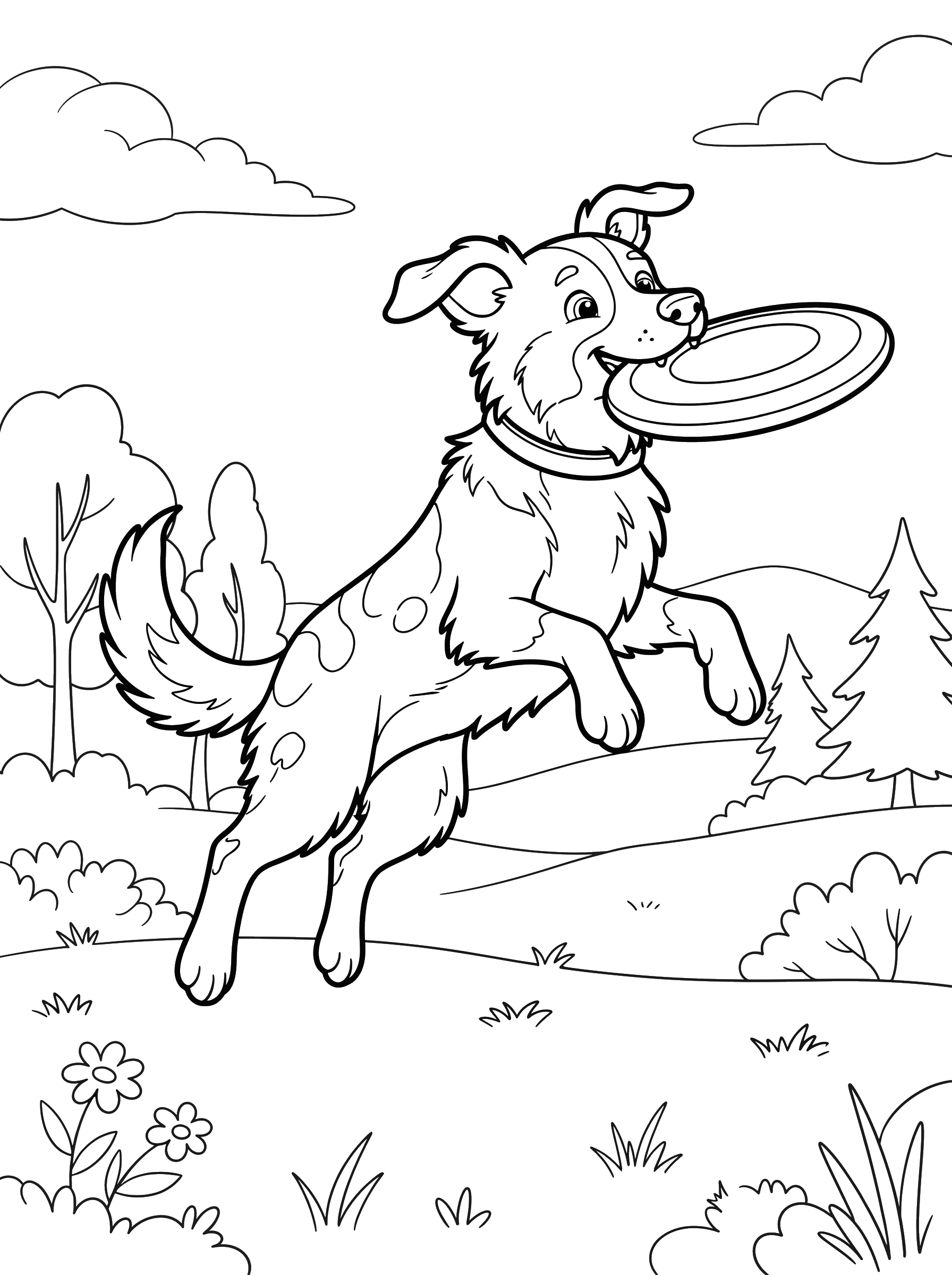 Dog Catching a Frisbee coloring page