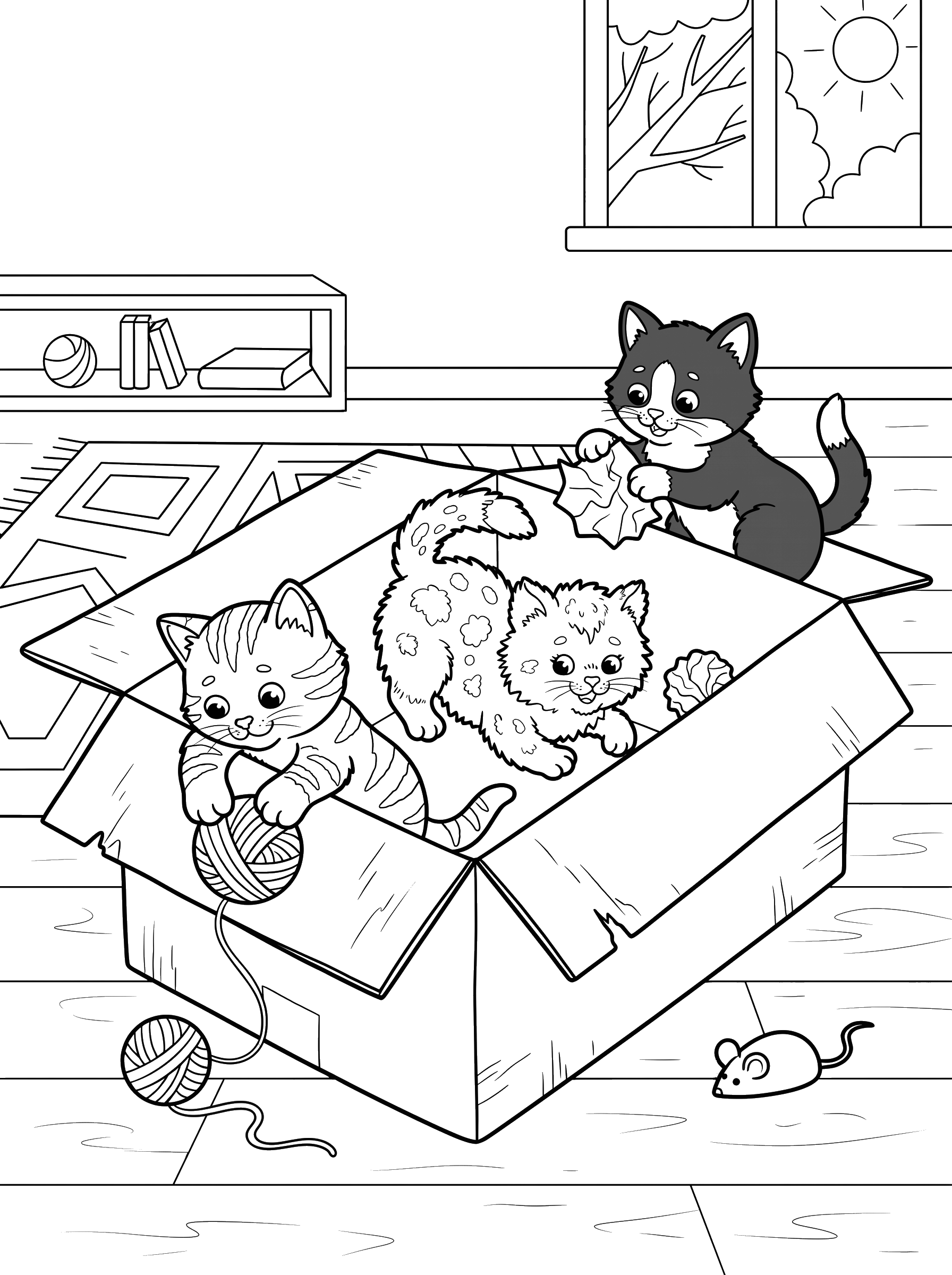 Three Kittens in a Box coloring page