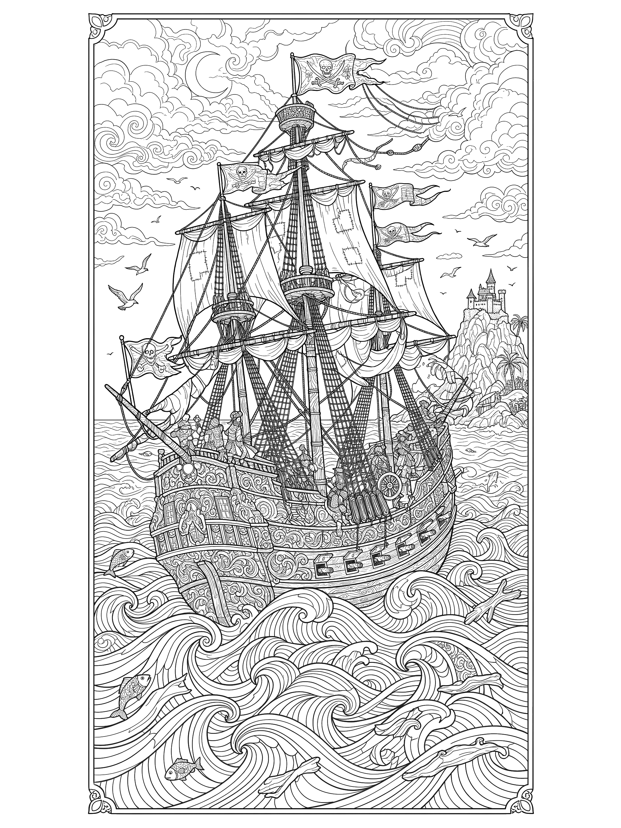 Pirate Galleon on Stormy Seas coloring page