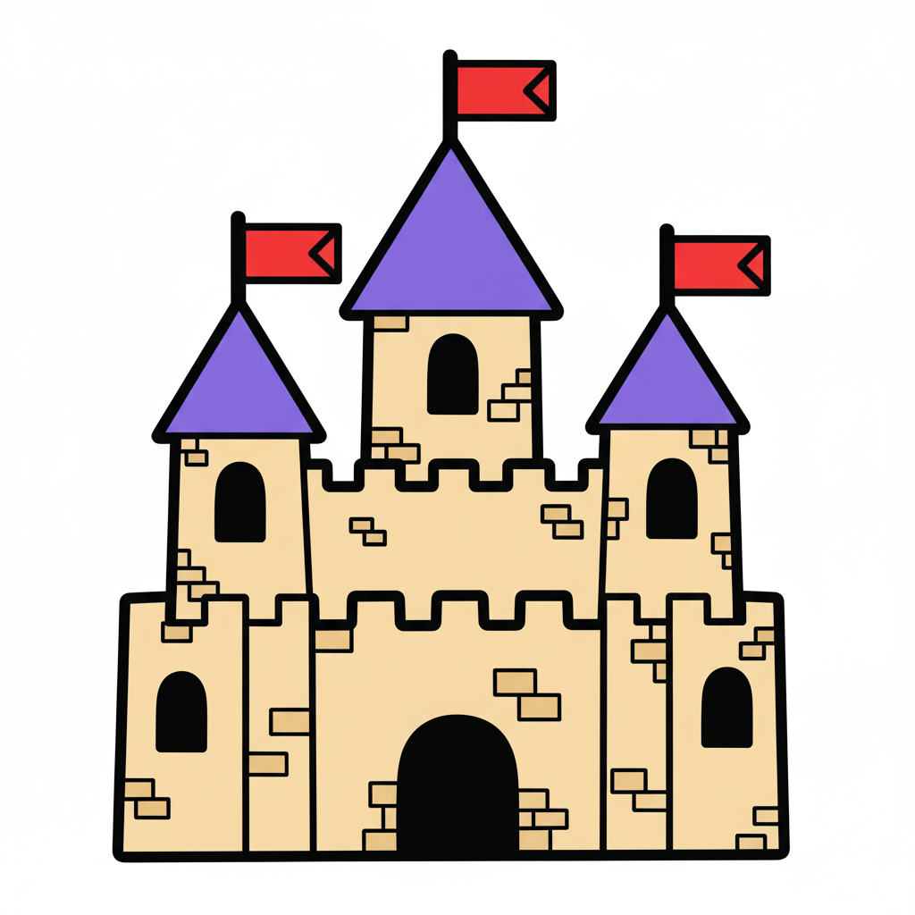 Castillo coloreado con paredes grises y techos púrpuras