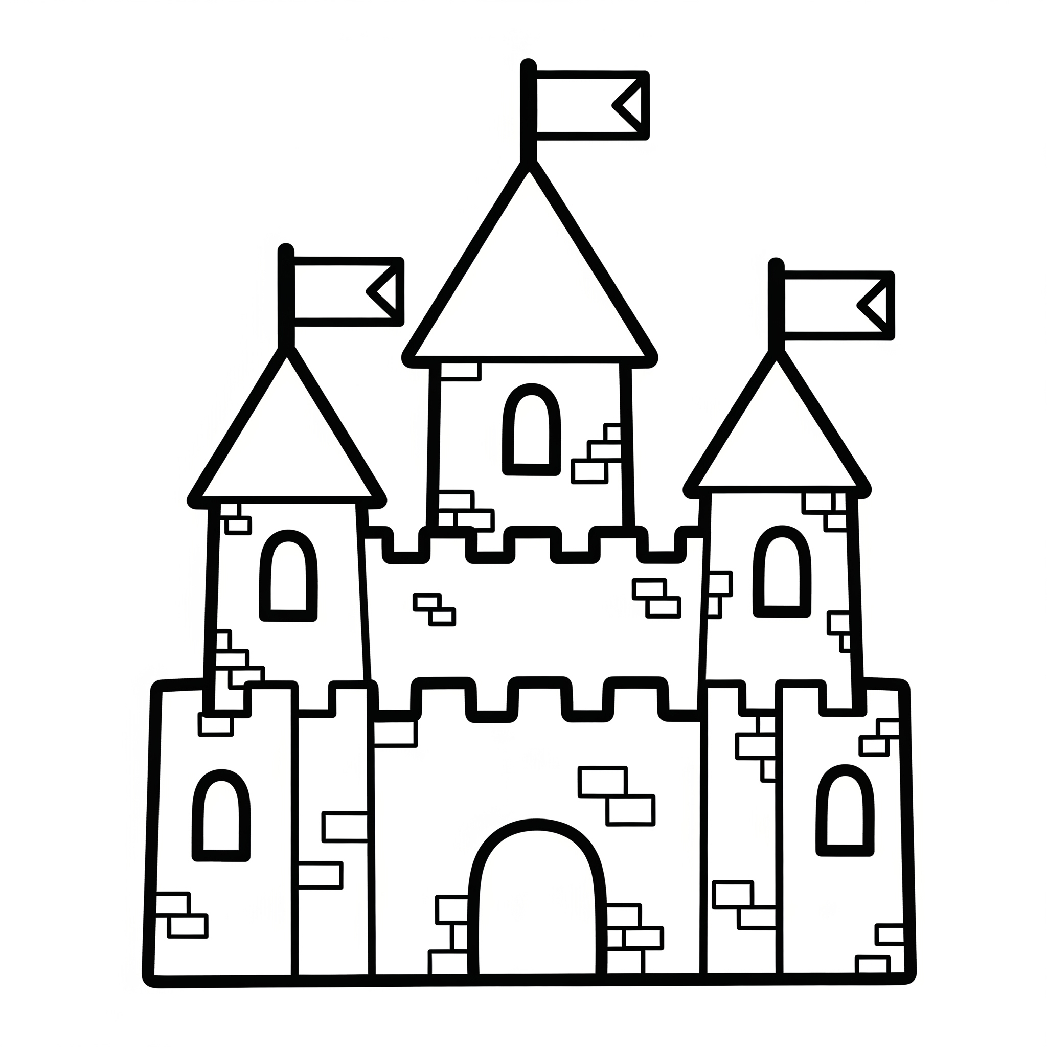 Castillo simple con torres y banderas, contornos gruesos