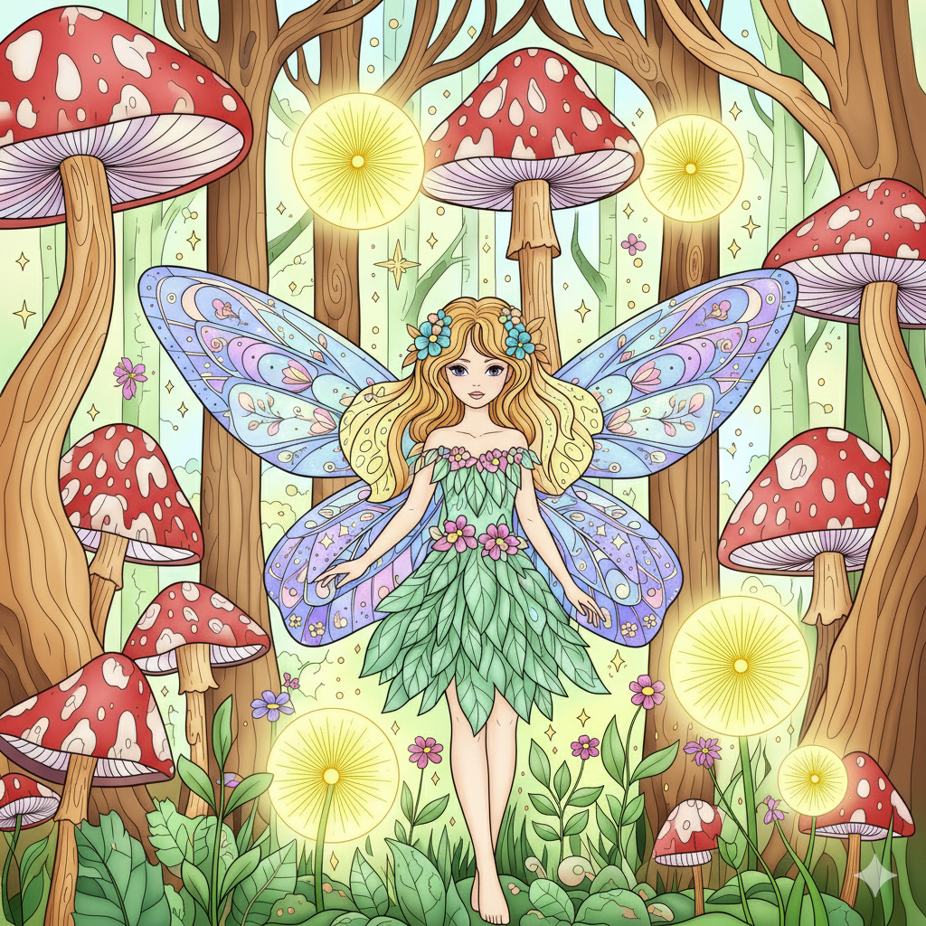 Hada coloreada con tonos pastel en un bosque mágico y luminoso