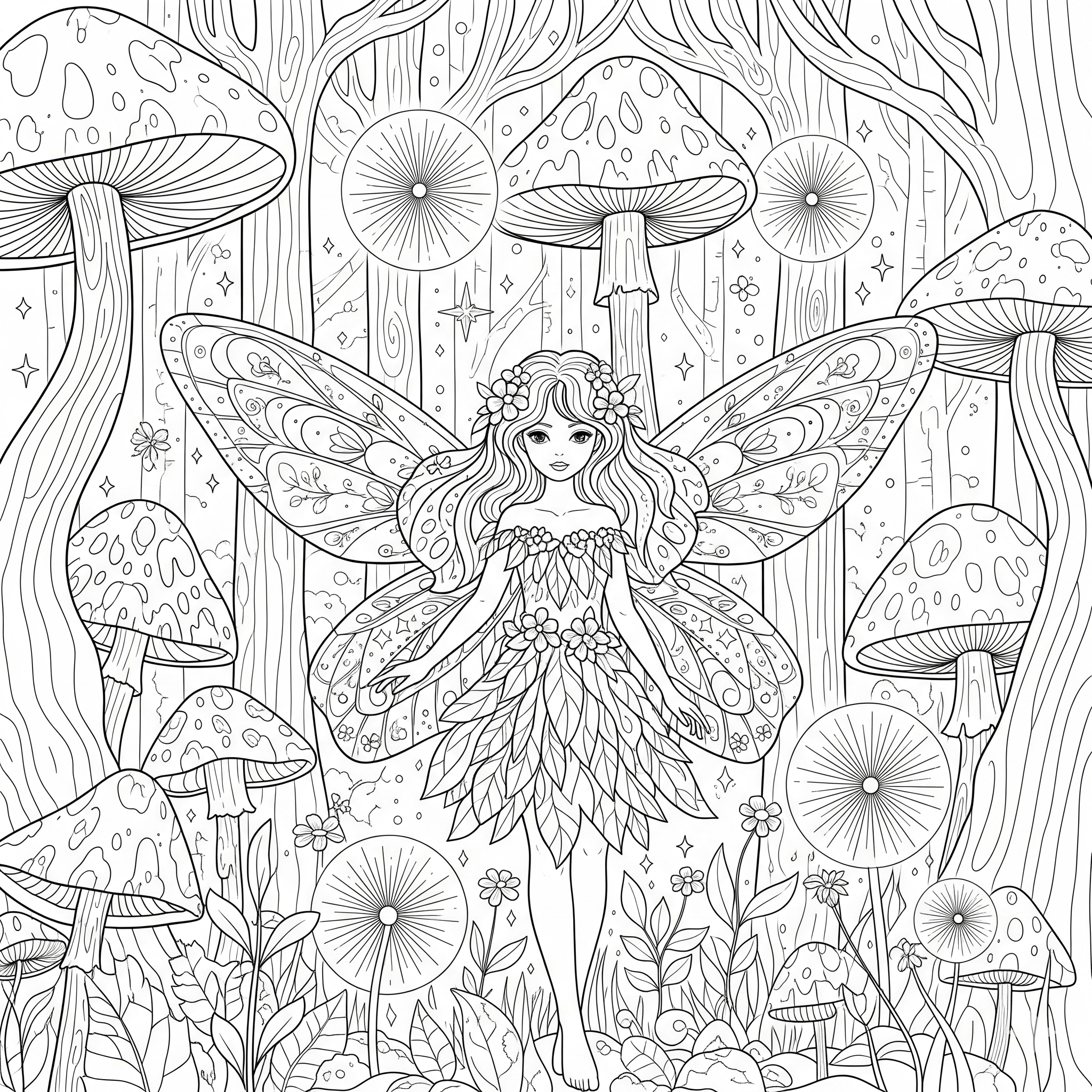 Hada con alas detalladas en un bosque con setas, para colorear