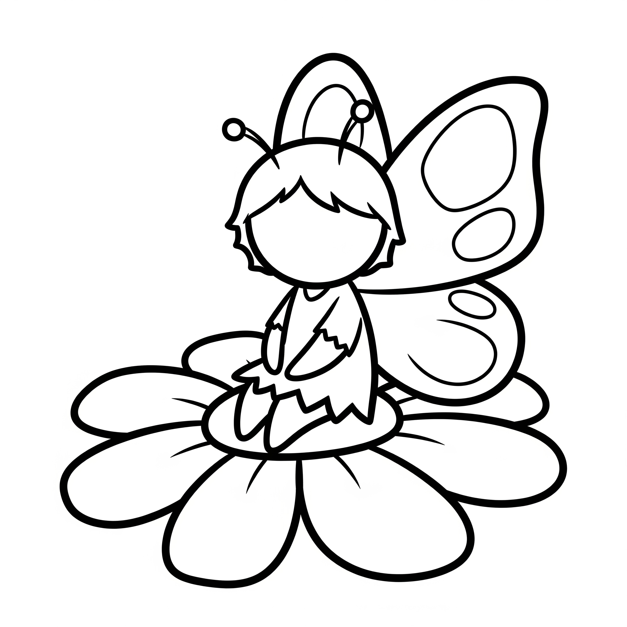 Hada de caricatura con alas simples sentada en una flor