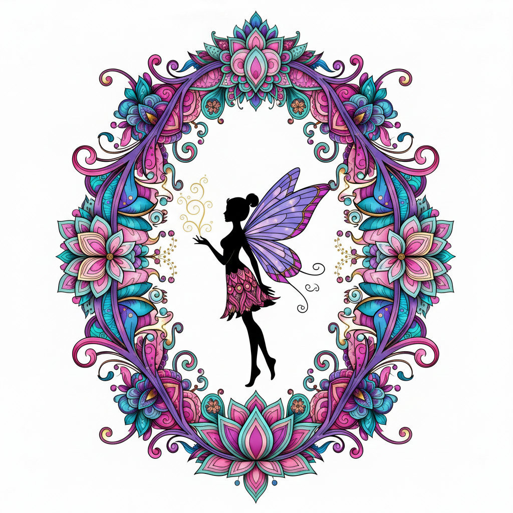 Mandala de hada coloreado con una paleta de colores vibrantes y mágicos