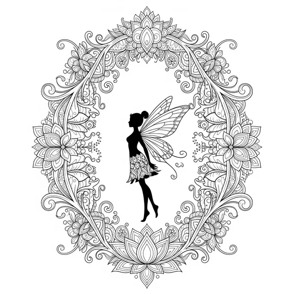 Fairy silhouette inside a highly detailed floral mandala