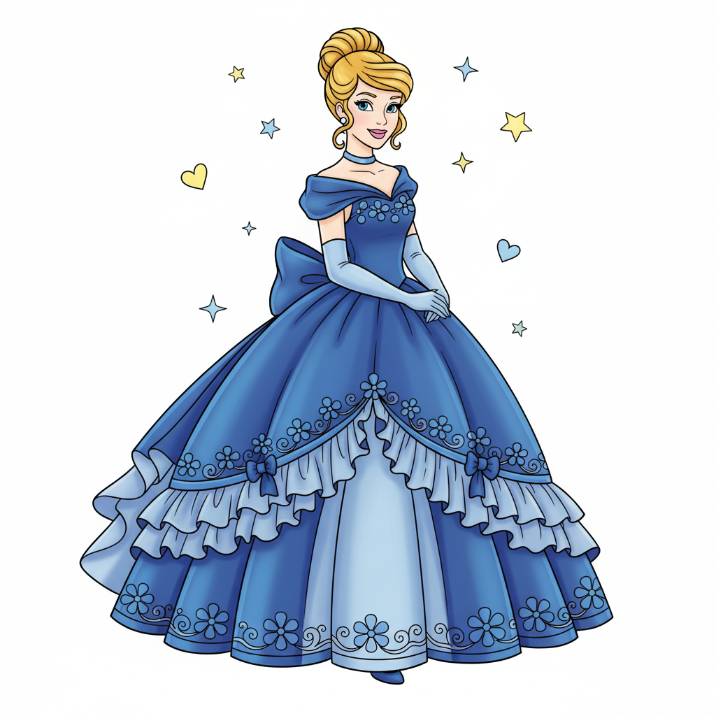 Princesa coloreada con un vestido azul brillante y guantes blancos