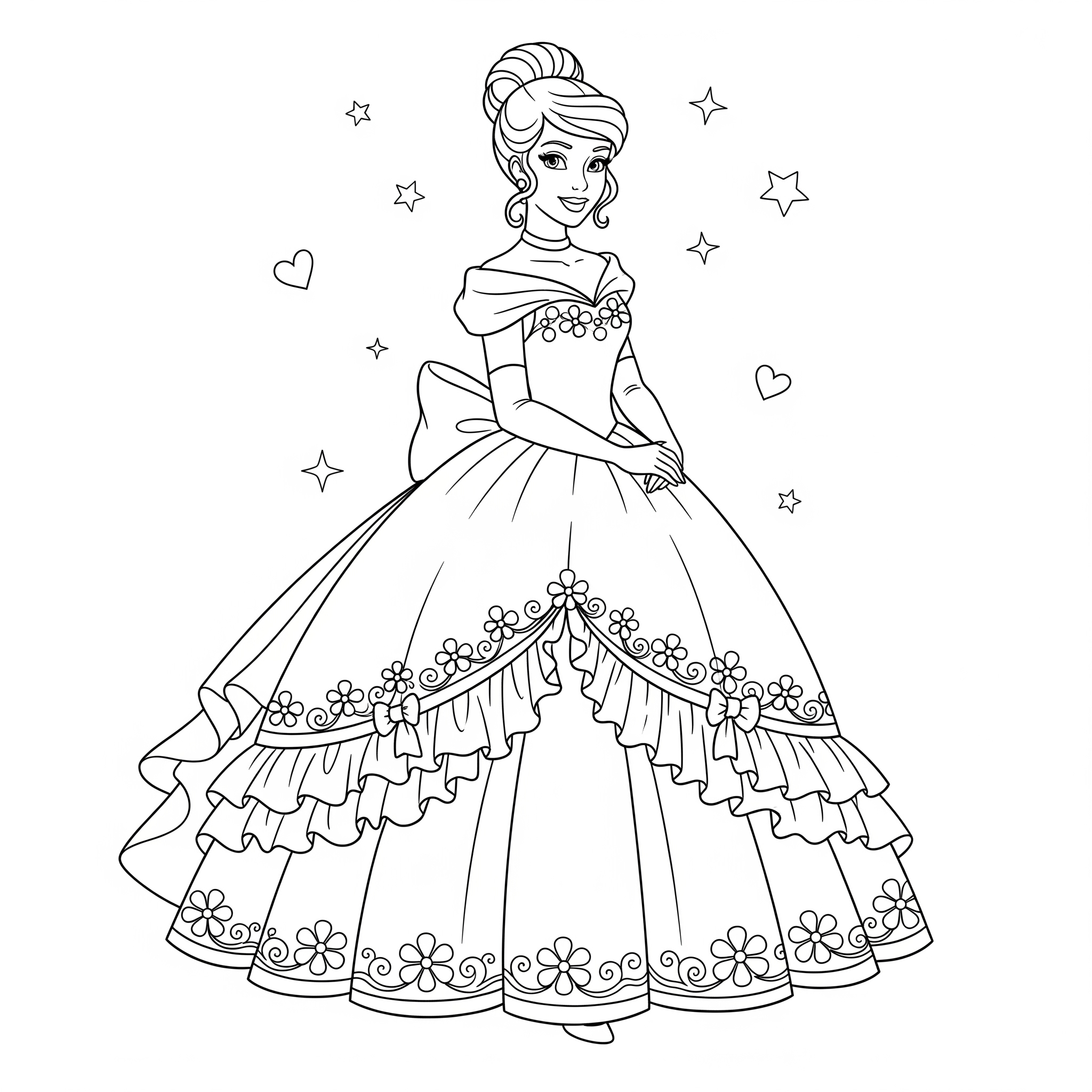Princesa con vestido de baile detallado, para colorear
