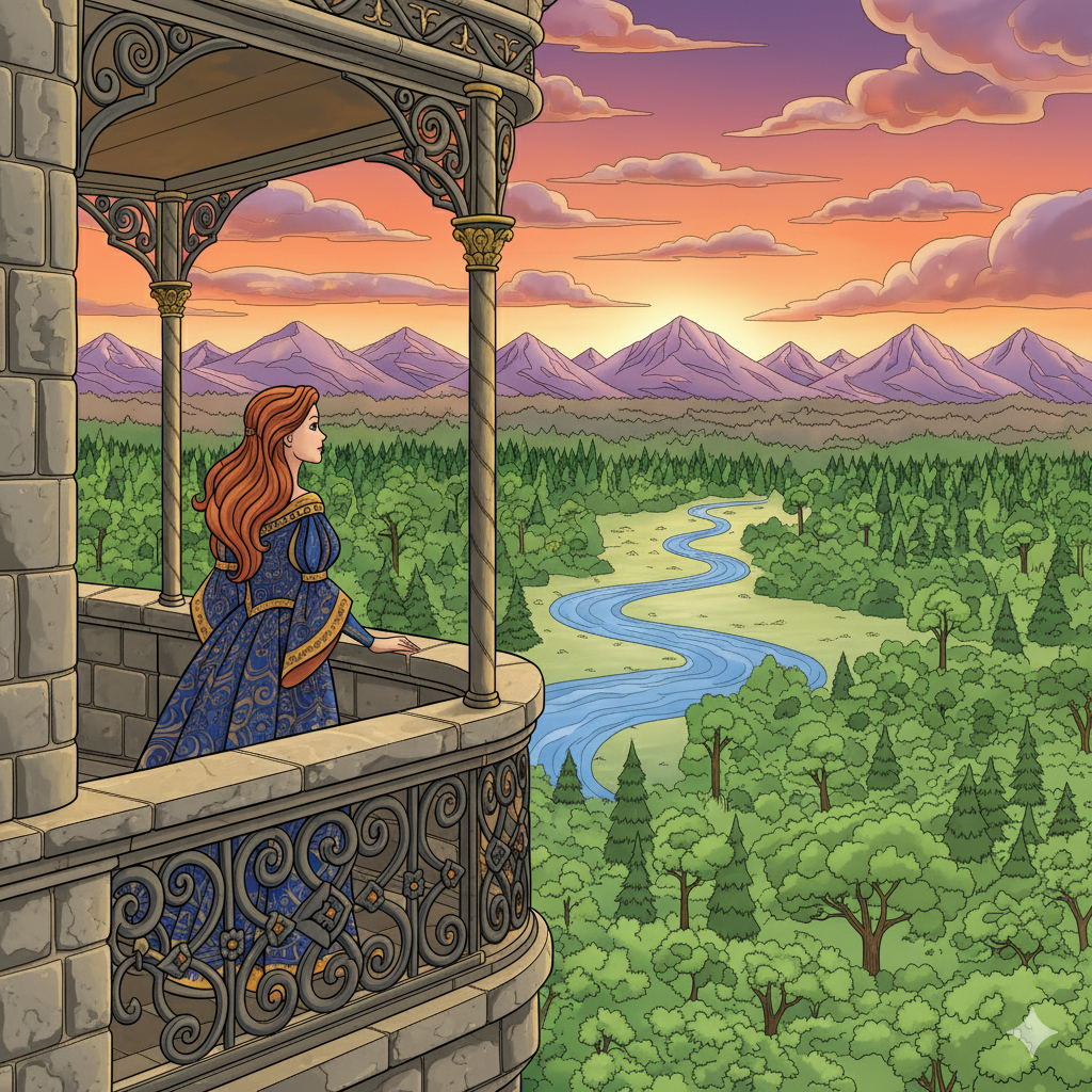 Princesa coloreada con un vestido elegante y un paisaje al atardecer