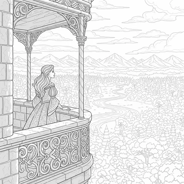 Princess on a detailed balcony with scenery in the background, to color