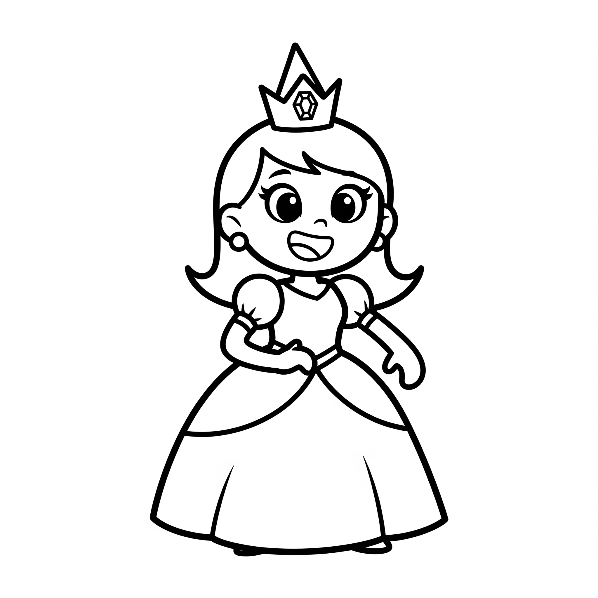 Princesa de caricatura con vestido simple y corona, contornos gruesos