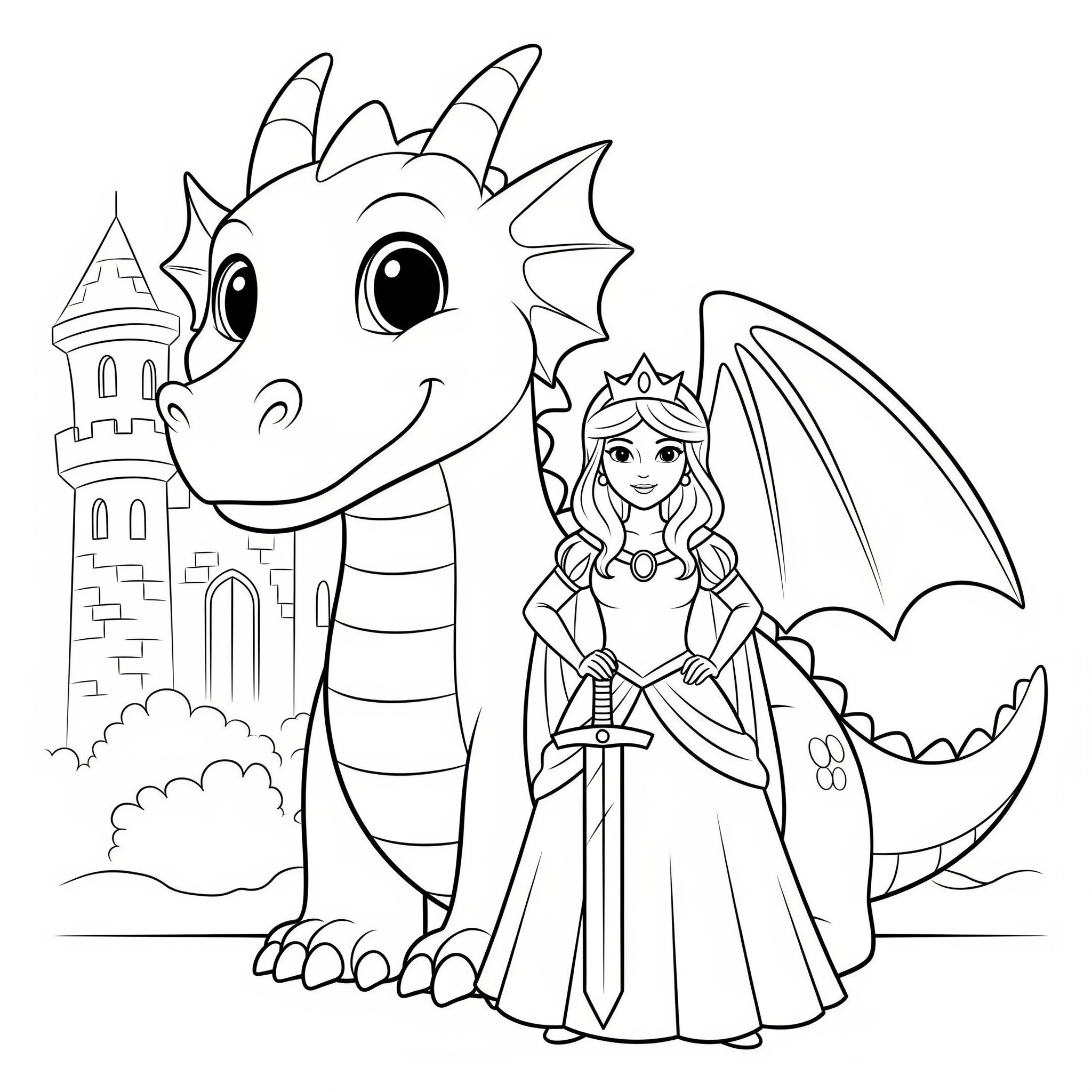 Princesa de pie junto a un dragón amigable, para colorear
