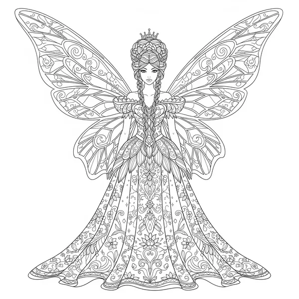 Fairy Queen with very intricate wings and dress, to color