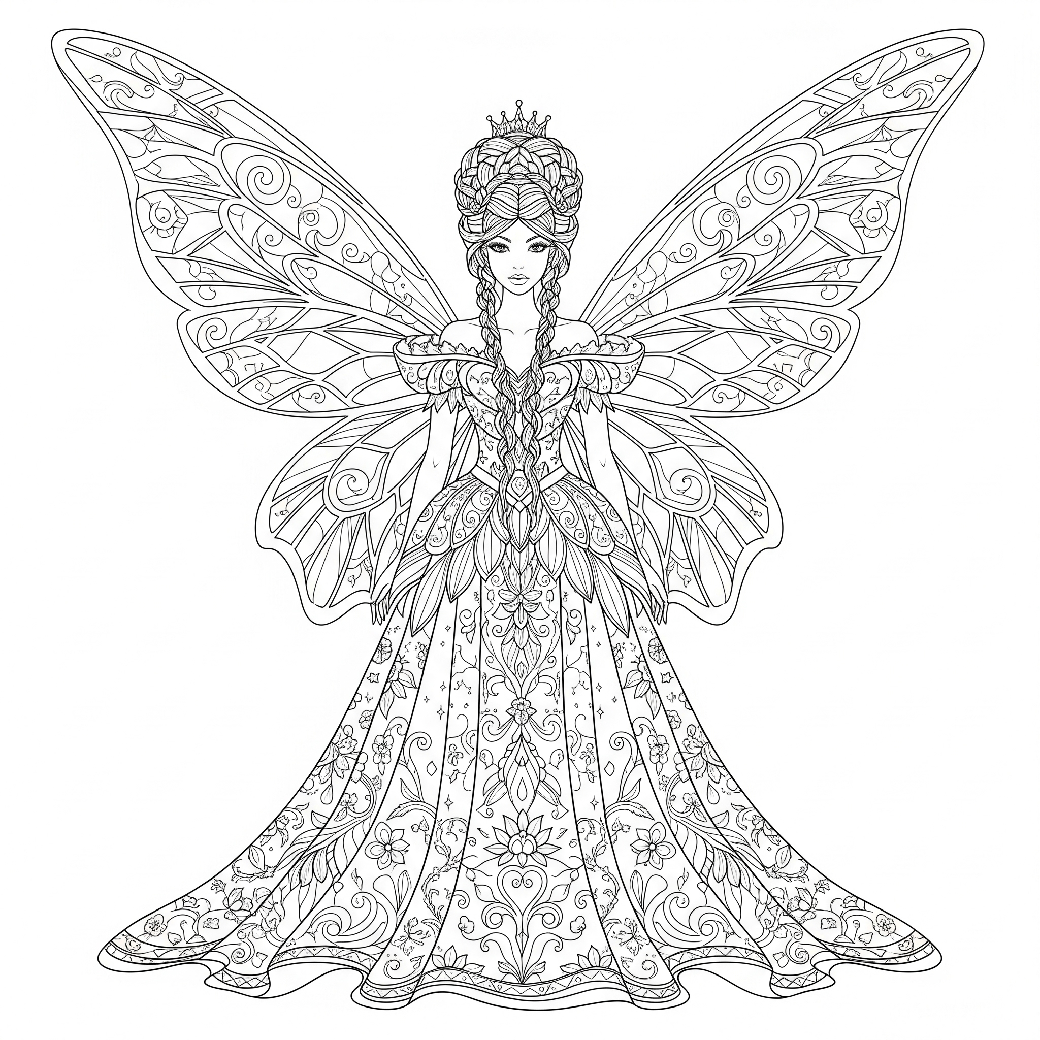 Reina de las Hadas con alas y vestido muy intrincados, para colorear