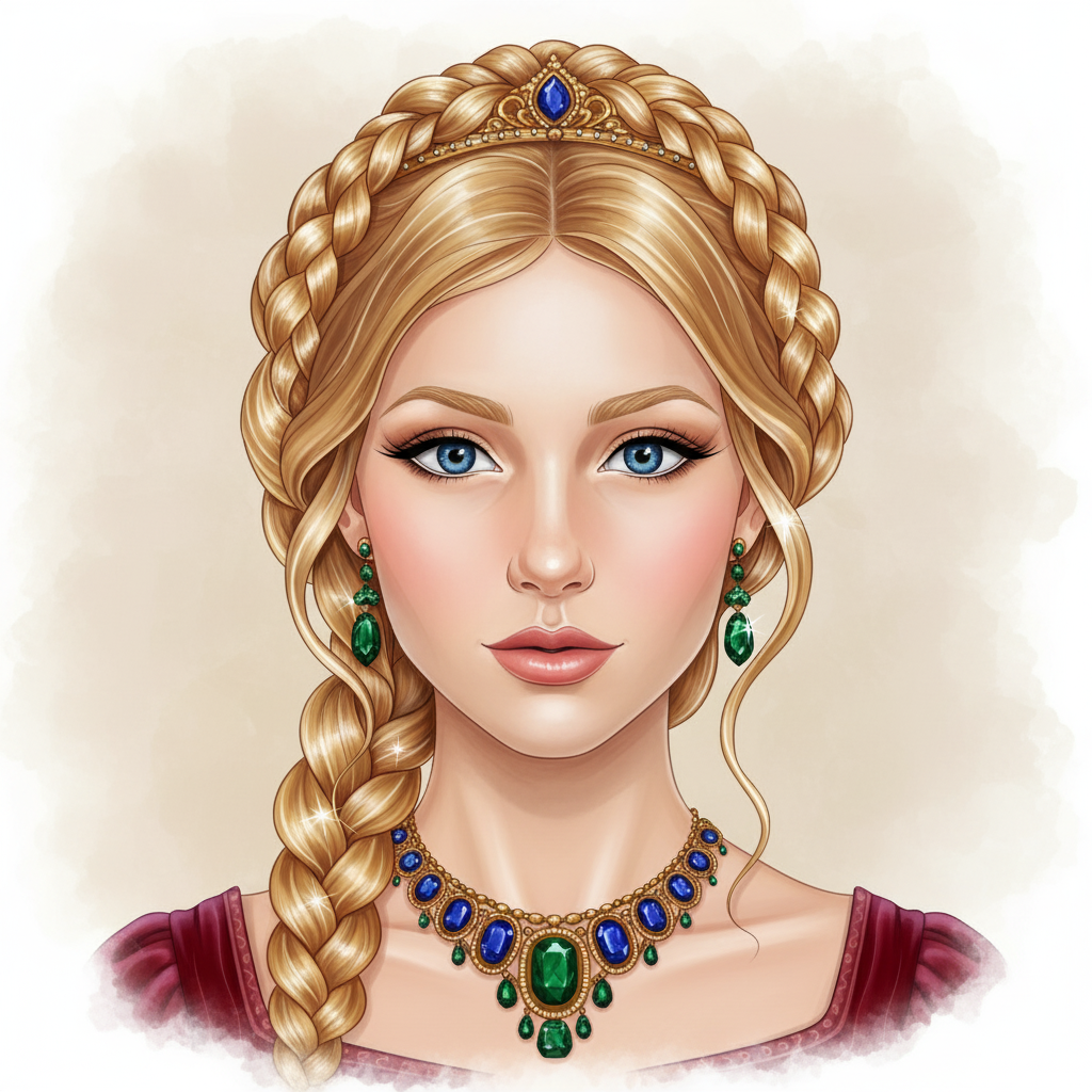 Retrato de princesa coloreado con gemas brillantes y cabello detallado